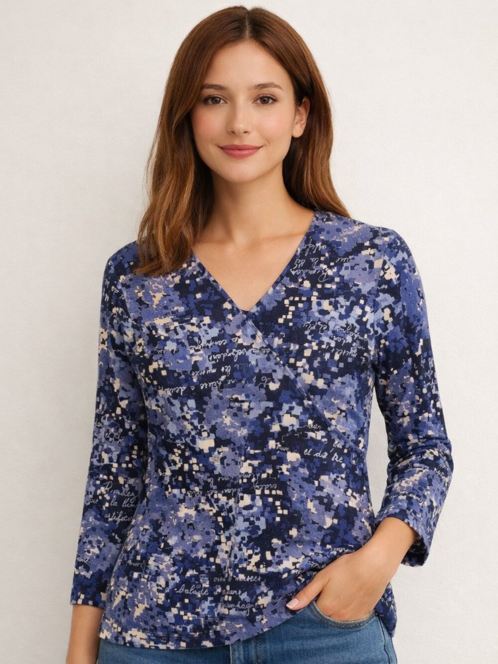 Ruby Rd. V-neck, 3/4 Sleeve sleeve, blue multicolored faux wrap top, Size PS